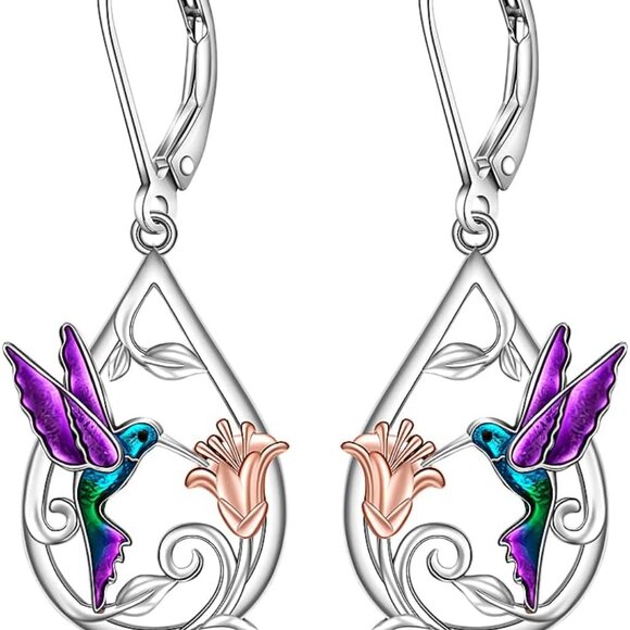 Sterling Silver Purple Hummingbird Dangle Earrings Memorial Gifts Women - Picture 1 of 9